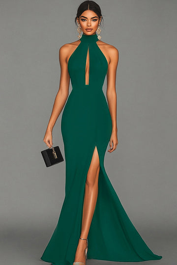 Dark Green Halter Neck Mermaid Satin Long Formal Dress